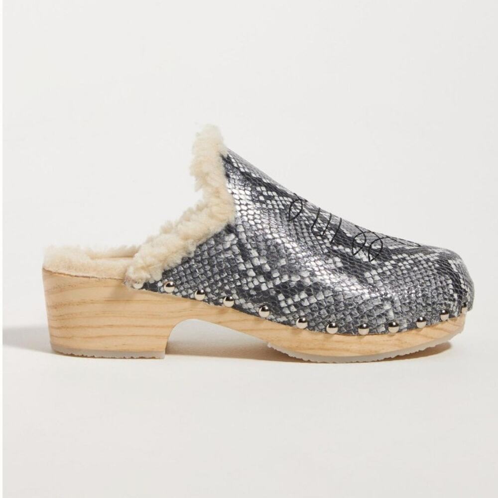 Pilcro Anthropologie Snakeskin Shearling Clogs Wood Platform Boho Western 9